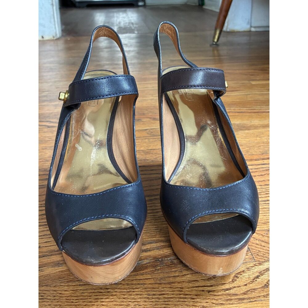 COACH Vintage Blue Wood Platform Peep Toe Wedge Heels Sandals  Women's Size 8.5 - Picture 2 of 12